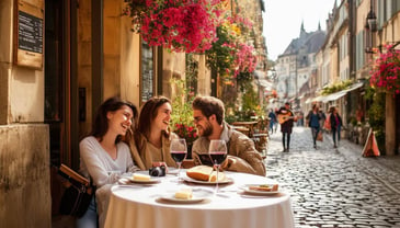 Friends sitting at a restaurant table enjoying lunch in europe